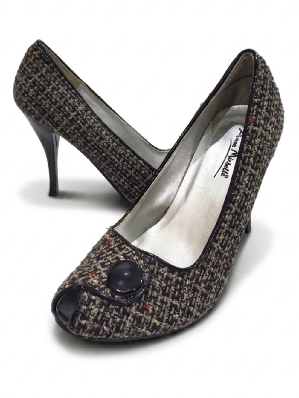 Anne Michelle Black Multicolor Tweed Open Toe Pumps Size 8